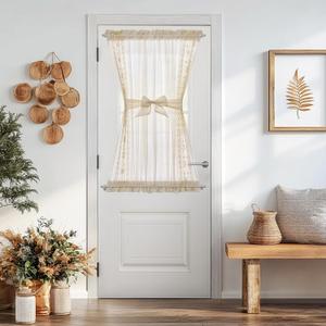 jinchan French Sheer Volie Door Curtain Embroidered Farmhouse Linen Curtain for Patio Door with Tie up Bows Light Filtering for Door Window Closet Rod Pocket 40 Inches 1 Panel Crude on Beige