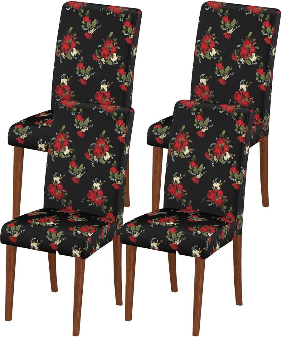 Waterproof Chair Covers Dining Room Set of 4,Printed Patterned Stretch Non Slip Chair Slipcover Removable Washable Kitchen Chair Protector Cover for Home Hotel Banquet Party (Red White Rose Floral)