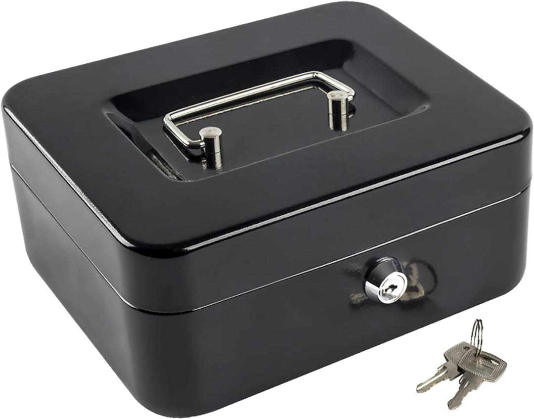 KYODOLED Medium Cash Box with Money Tray,Small Safe with Key,7.87"x 6.30"x 3.54" Black