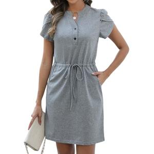 CiCiBird Women Summer Button V Neck Dress Casual Short Sleeve Mini Dresses Work Drawstring Waist Dress with Pockets Gray S