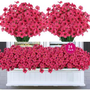 24 Bundles Artificial Flowers for Outdoors, Realistic Fake Silk Flowers for Outside Decoration, No Fade Faux Plants Outdoor Planter Window Box Porch Patio Decor(Rosy red)