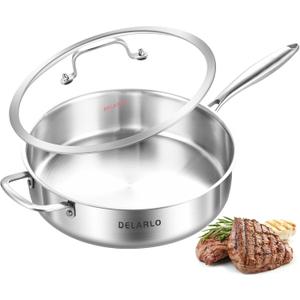 DELARLO Tri-Ply Stainless Steel Sauté Pan With Lid 5.5QT, 12.3Inch Deep Frying pan, Induction Large Skillet, Jumbo Cooker, Efficient Fast Even Heating Cooking Pan Dishwasher and Oven Safe