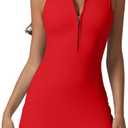 QINSEN Womens Zip Front Tennis Dress Polo Collar Racer Back Workout Golf Dresses Build in Shorts with Pockets (Small, Red)
