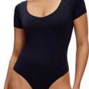NANJI Short Sleeve Bodysuit for Women - Slim Fit Scoop Neck Body Suit, Stretch Double Lined Tops, Casual Going Out Outfits (Blue, XS)