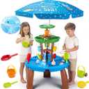 Water Table for Toddlers with Water Pump and Fishing Game Set 3-Tier Kids Sand Water Table with Umbrella Sensory Outdoor Toys for Kids Ages 4-8 Outside Toys Backyard for Kids Toddlers Age 3-10