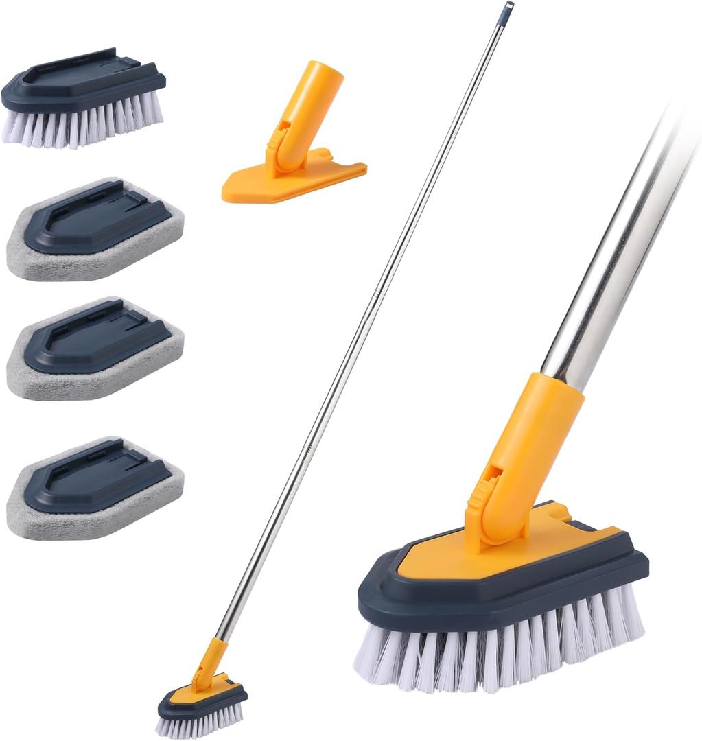 BOOMJOY Tub Cleaner Brush with Long Handle, 55" Extendable Tub Scrubber with Locking Head, No Scratch Shower Cleaning Brush for Bathtub, Bathroom Ceilings, Toilet, Kitchen, Tile, Sink (Yellow)