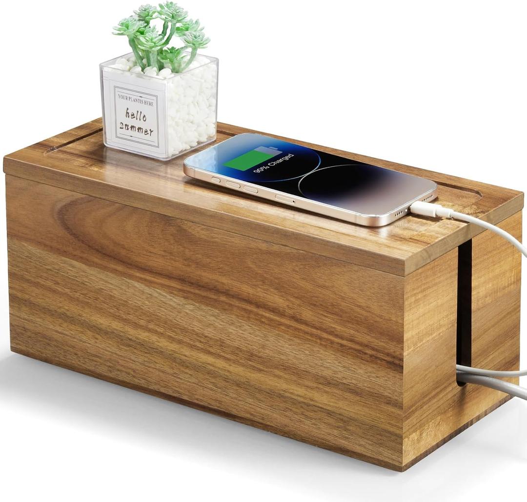 Acacia Wood Cable Management Box - Cable Organizer Box - 2 Open Slots Cords Hider Box - Under Desk Cord Organizer for Power Strip Extension Cord Surge Protector Charger Wire (Medium)