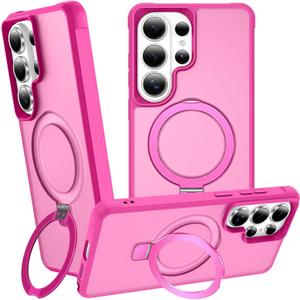 Magnetic Stand for Samsung Galaxy S26 Ultra Case, Hot Pink | 10FT Certified Drop Protection, with Ring Kickstand, Matte Translucent Slim Cover