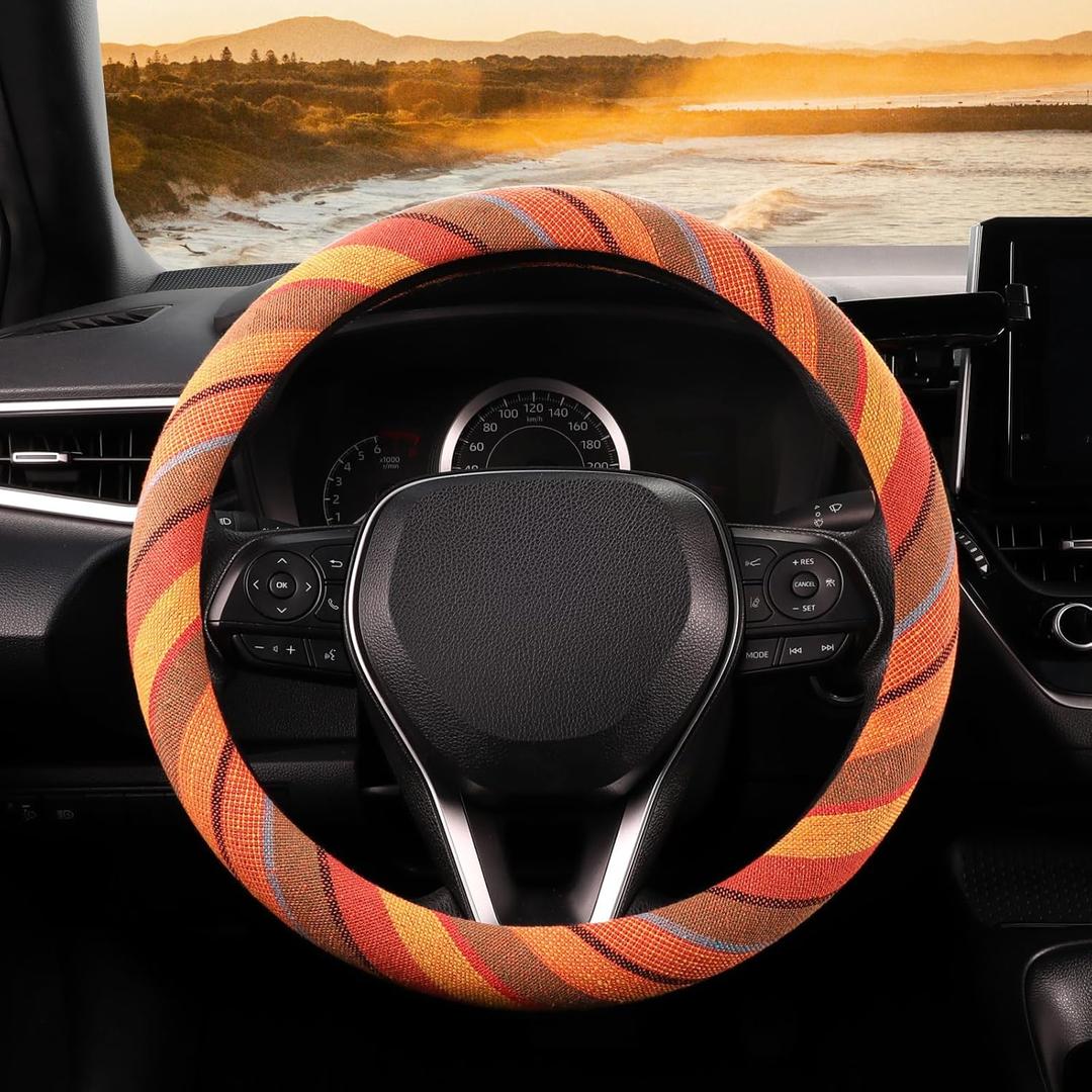SEG Direct Boho Steering Wheel Cover with Baja Blanket Cloth, Ethnic Style Auto Wheel Cover Made of Coarse Flax, Fits 14 1/2-15 1/4 inches Car Wheel (Saturn Yellow)