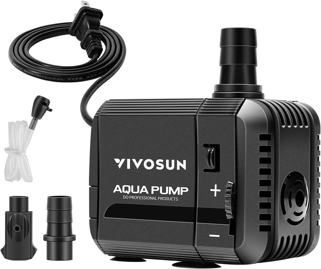 VIVOSUN 210GPH Submersible Pump(800L/H, 8W), Ultra Quiet Water Pump with 3.3ft High Lift, with 5ft Power Cord, 2 Nozzles for Fish Tank, Pond, Aquarium, Statuary, Hydroponics Black