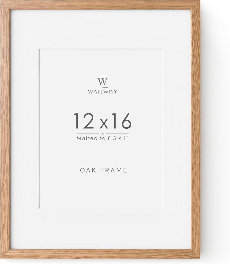12x16 Oak Picture Frames, 12x16 Natural Wood Frame with Mat to 8.5x11, 16x12 Frame for Wall, Set of 1