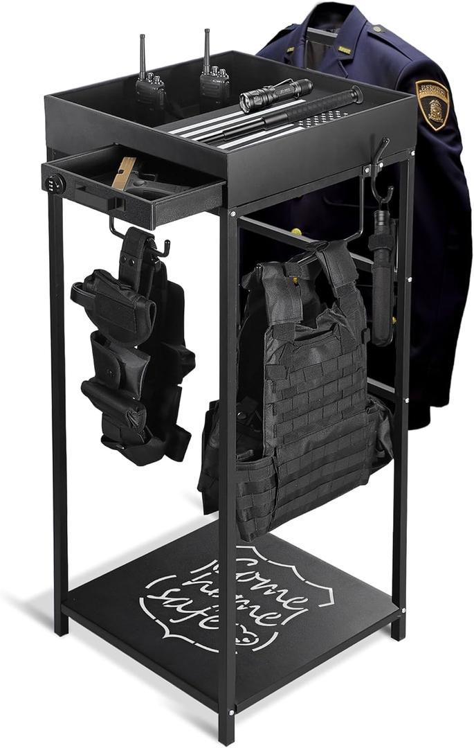 Police Gear Stand, Police Hanger, Tactical Duty Gear Rack with 3 Hooks, Free-Standing All Iron Frame Police Gift Decor with Flag, Black, Come Home Safe