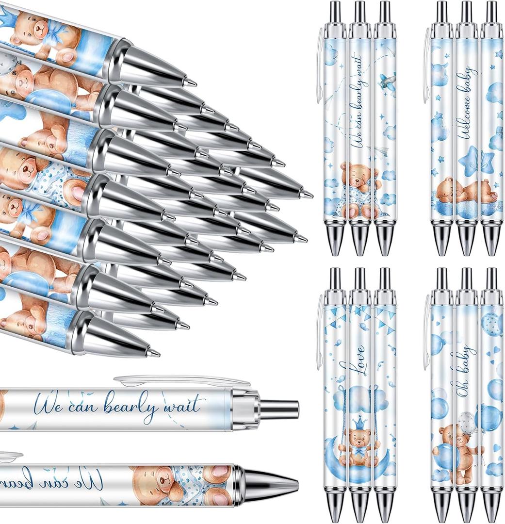 Chuangdi 24 Pcs Baby Shower Ballpoint Pens Favors Bulk Retractable Ballpoint Pen Black Ink with Baby Shower Gifts for Guests School Supply(Boy Bear)