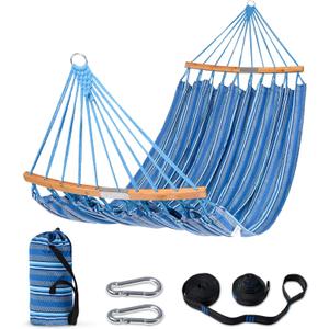 SUNCREAT Hammocks Double Hammock with Curved Spreader Bar, Outdoor Portable Hammock with Carrying Bag & Tree Straps for Bedroom, Patio, Backyard, Balcony, Max 450lbs Capacity, Blue