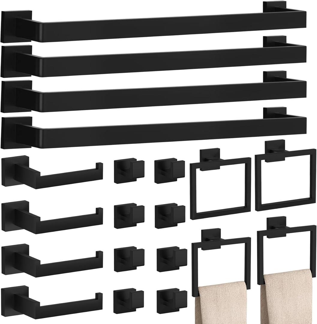 20-Piece Matte Black Bathroom Accessories Set  23.6" Towel Bar, Towel Ring, Toilet Paper Holder & Hooks, Wall Mounted Bathroom Hardware, Rust & Corrosion-Resistant, Ideal for Modern Bathrooms 20-Piece Matte Black Bathroom Accessories Set  23.6" Towel Bar, Towel Ring, Toilet Paper Holder & Hooks, Wall Mounted Bathroom Hardware, Rust & Corrosion-Resistant, Ideal for Modern Bathrooms