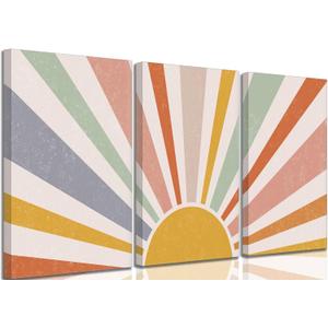 3 Pieces Nursery Boho Canvas Wall Art Rainbow Sun Rising on the Horizon Geometric Nature Illustration Line Pictures Wall Decor Posters Prints for Toddler Kids Room Home Decoration (16x24in)