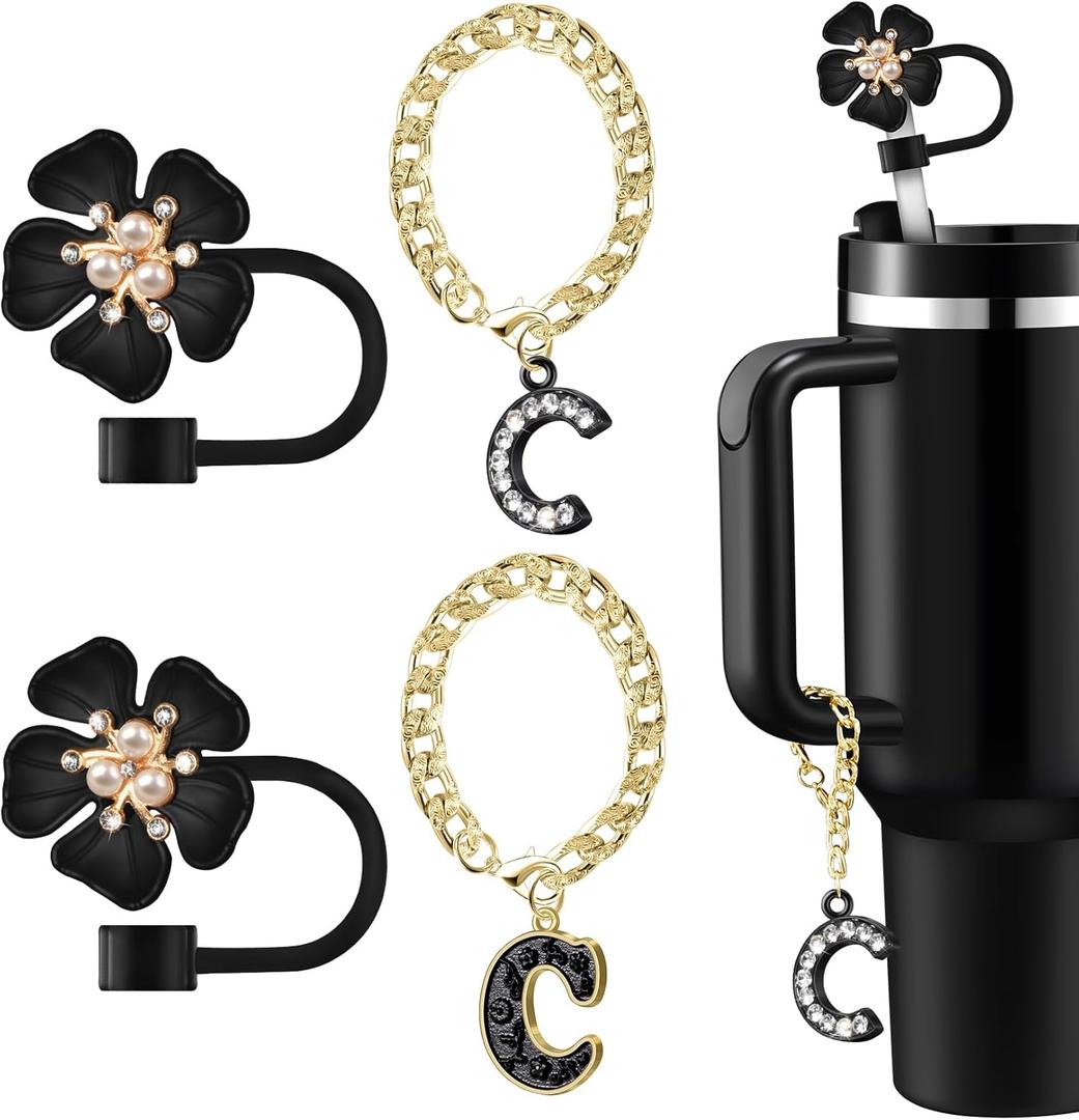 2 x Straw Covers for Stanley Cup Accessories: Black Decorations for Stanley 30 oz & 40 oz Tumbler with Handle, Bling Letter Charms and Flower Silicone Straw Cap Topper, Trendy Stuff for Teen Girls & Women