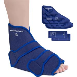 KingPavonini Ankle Foot Ice Pack Wrap for Sprained Ankle and Surgery Recovery, Reusable Gel Ice Packs for Feet Injuries, Plantar Fasciitis, Achilles Tendonitis, Standard Size(1 Wrap+4 Gel Packs)