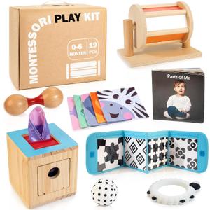 WOODMAM Montessori Toys for Babies 0-6 Months, 9 in 1 Learning Educational Sensory Toys for Newborn 0-3-6 Months, Includes High Contrast Cards, Baby Tissue Box Toy, Spinning Drum, Teether and More