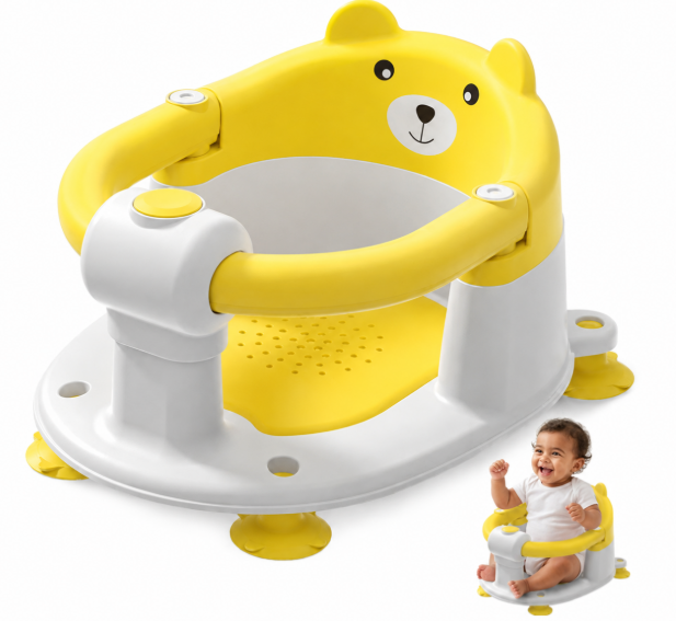 Baby Bath Seat for Babies 5-10 Months, Non-Slip Toddler Bath Seats for Babies Sitting Up, Safe Infant & Newborn Bathtub Chair with 4 Suction Cups & Soft Cushion for Shower, Yellow