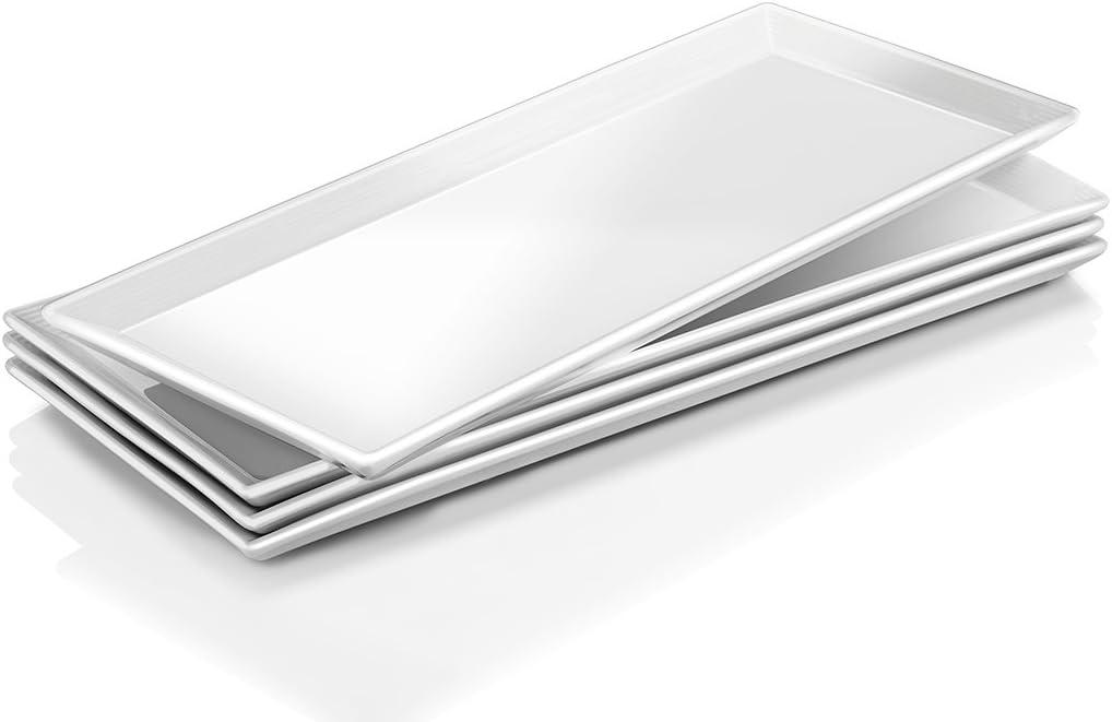 DOWAN 14.5" Rectangular Plates Set of 4 - Long Serving Trays for Sushi, Pasta, Chips, Appetizer, Cake - White Ceramic Rectangle Platter for Party, Restaurant, Banquet - Dishwasher & Oven Safe