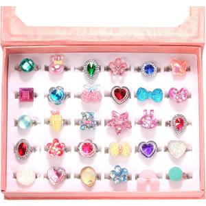 PinkSheep Little Girl Jewel Rings in Box, Adjustable, No duplication, Girl Pretend Play and Dress Up Rings (30 Jewel Ring)