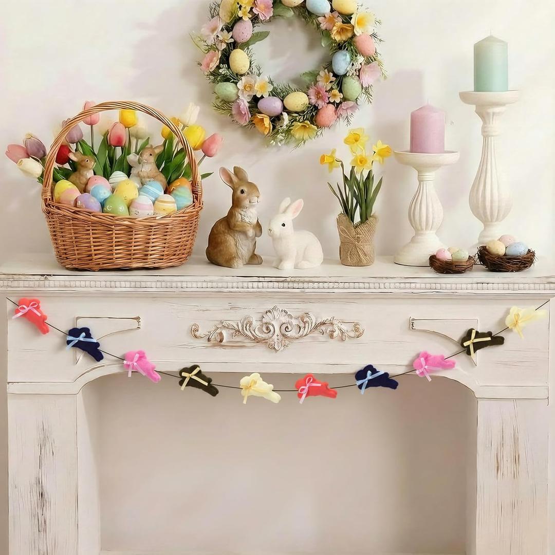 6.5 FT Easter Bunny Garland Decoration Colorful Flocking Rabbit Hanging Farmhouse Ornament Spring Themed Party Banner Favors Supplies Happy Easter Home Decor for Mantle Fireplace Wall