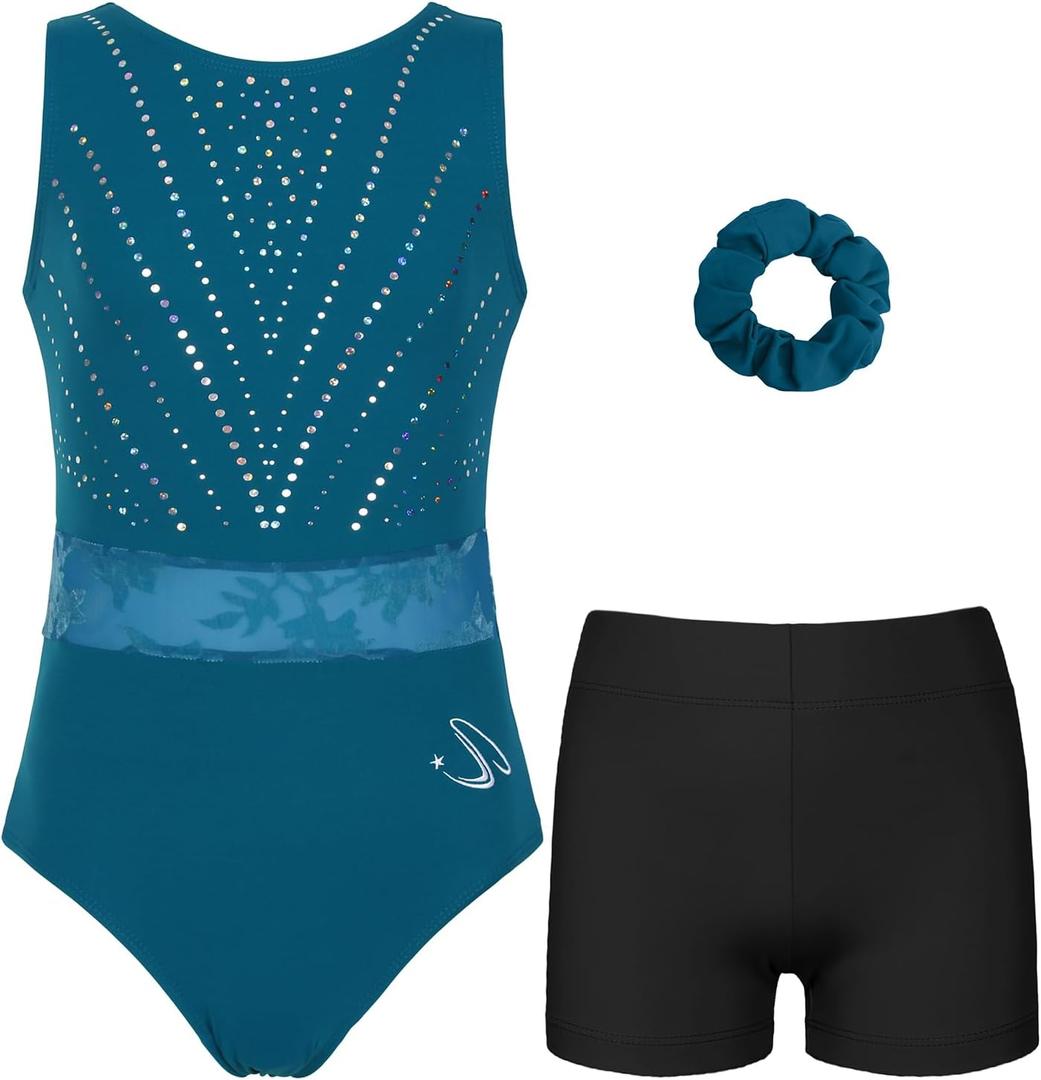 Gymnastics Leotards for Girls, Adult, Child With Shorts Activewear (AL(16&Up/Juniors), Atrovirens Sequins)