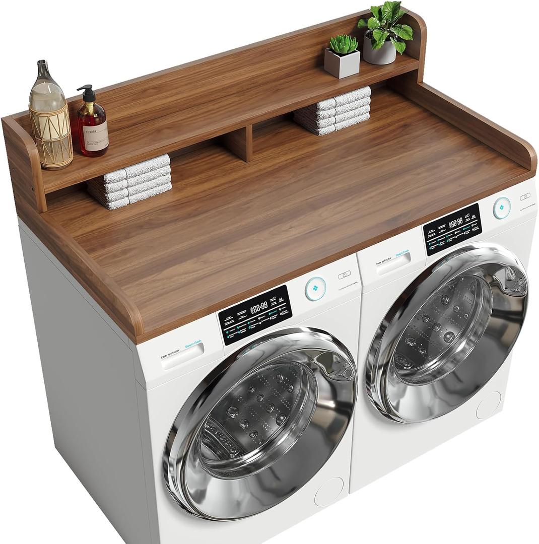 2-Tier Washer Dryer Countertop with 2.75" H Edge Rails, 54" W x 27.55" D Laundry Countertop for Folding Clothes, Washer and Dryer Topper with Non-Slip Pad (Dark Walnut)