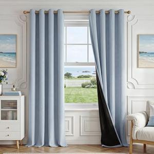 FMFUNCTEX 100% Blackout Smoky Blue Curtains 84 Inches for Bedroom, 2 Panels | Black out Drapes, Thermal Insulated Noise Reducing, Textured Weave, Room Darkening, Window Curtain, for Living Room,Grommet