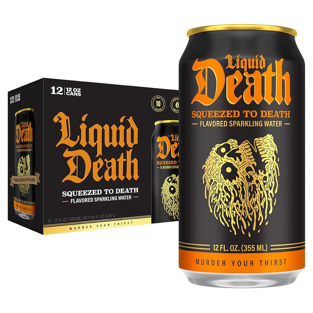 Liquid Death Soda-Flavored Sparkling Water - Squeezed To Death (Classic Orange Soda), Less Sugar*, Huge Flavor, No Caffeine, No Artificial Sweeteners, 12 Fl Oz (Pack of 12) (EXP 06/27/27)