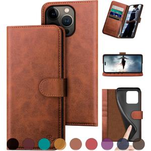 DuckSky compatible with iPhone 16 Pro Max Genuine Leather Wallet caseRFID Blocking4 Credit Card HolderReal LeatherFlip Folio Book Phone case Cover Women Men for Apple 16 ProMax case Light Brown