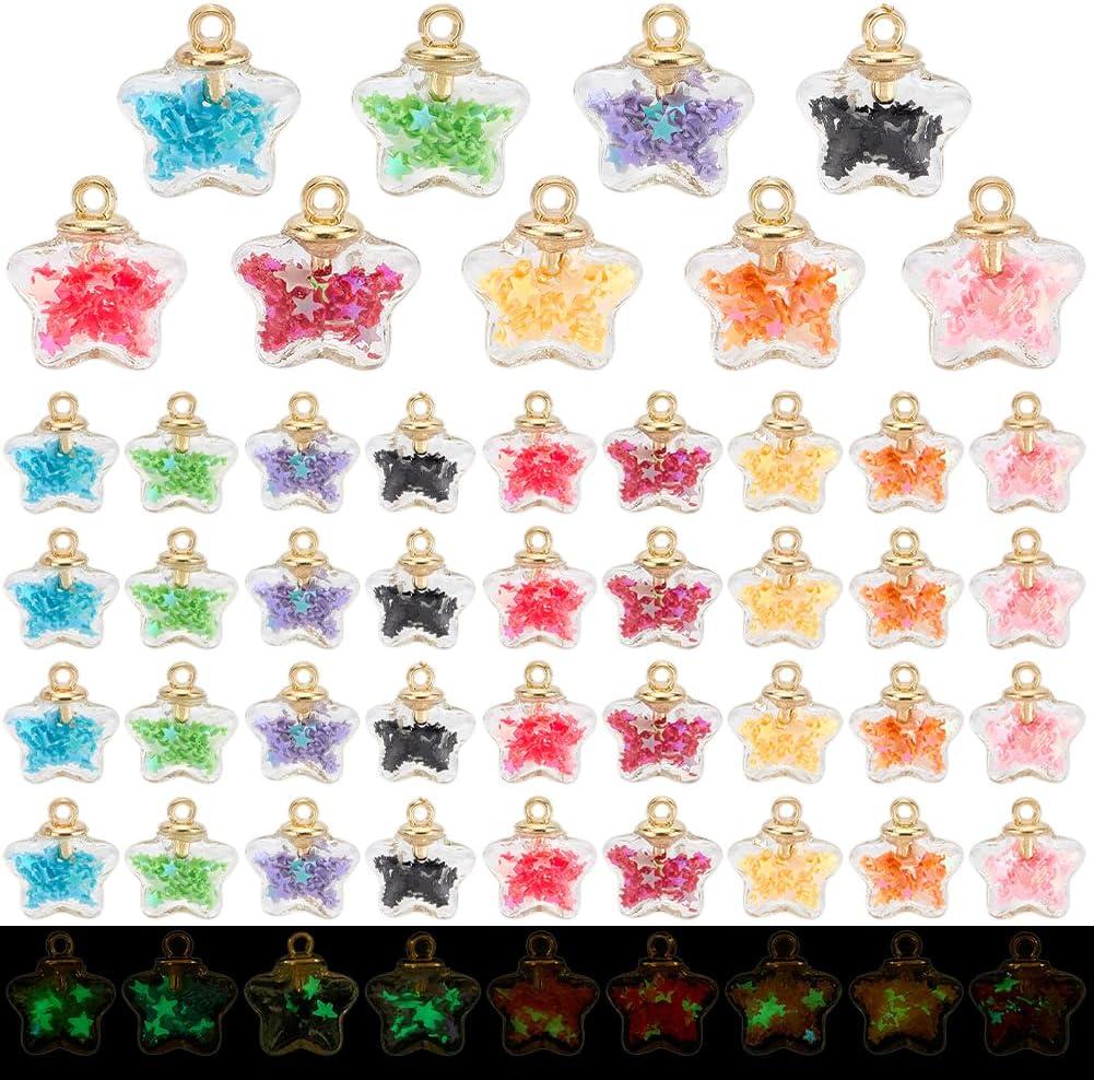 PH PandaHall 54pcs 9 Colors Glass Ball Charms Star Charms Luminous Star Pendants Glow in the Dark Pendants for Jewelry Making Bracelet Dangle Charm DIY Crafts 17X19mm