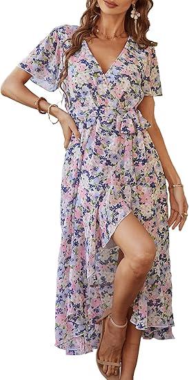 PRETTYGARDEN Women's Summer Floral Boho Maxi Dress Short Sleeve Wrap V Neck Ruffle Long Flowy Beach Wedding Guest Dresses (Large)
