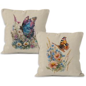 Vintage Butterfly Floral Throw Pillow Covers 18x18, Cottagecore Wildflowers Butterfly Decorative Pillow Covers for Home Living Room Bedroom, Floral Accent Pillows Cover Pillowcases Set of 2