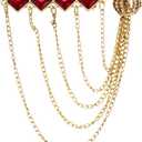 Knighthood Golden Metal Diamond Cut Red Stone Bar with Hanging Chains and Gold Crown Brooch for Men and Women