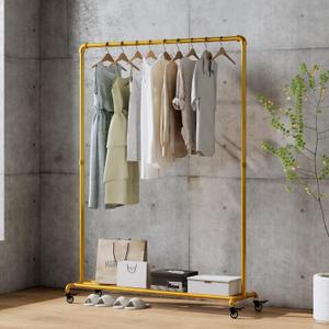 Gold pipe clothing rack with Bottom Shelf,rolling clothes rack heavy duty,garment racks for hanging clothes, Hanging Rack Closet Organizer for Bedroom,Retail (Gold)