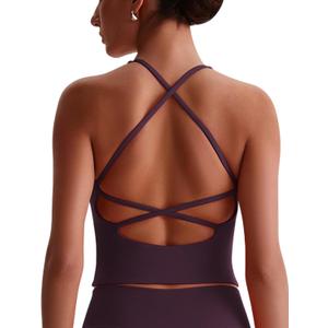 ABOCIW Womens Cross Back Workout Crop Tank with Built in Bra V Neck Longline Sports Bra Gym Shirt Yoga Pilates Top (X-Small, Plum)