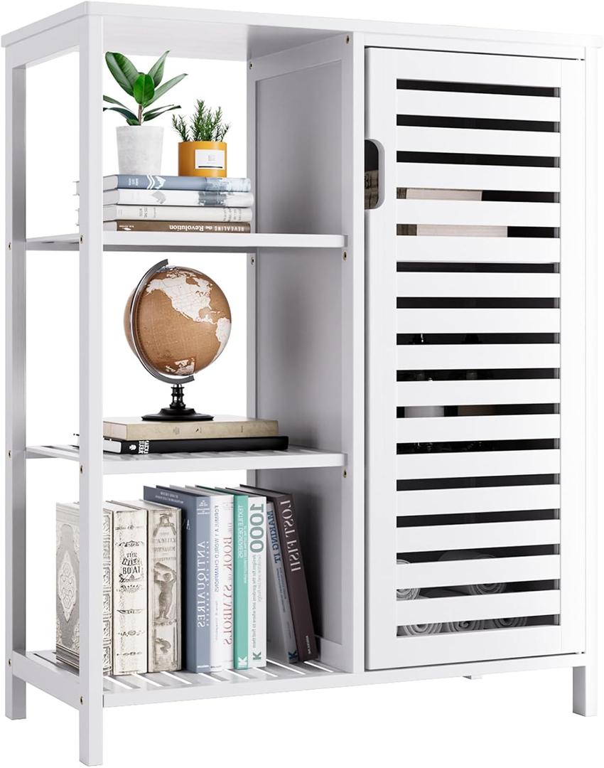 HITNET Bathoom Storage Cabinet, Bamboo Floor Cabinet with Single Door and 3 Open Shelves, Freestanding Space Saving Cupboard for Living Room, Kitchen, Entryway, White