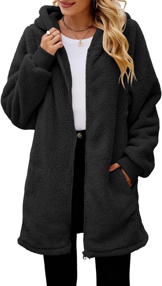 ReachMe Womens Fleece Zip Up Jacket with Pockets Oversized Long Sherpa Hoodie Fuzzy Jackets Warm Teddy Coat (Medium, 01 Black)