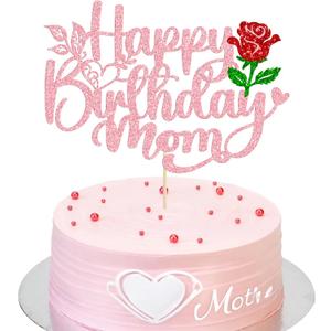 Ephlyn 1Pcs Happy Birthday Mom Cake Topper Glitter Best Mom Ever Cake Decorations for Happy Mothers Day Mom Birthday Party Decorations Pink