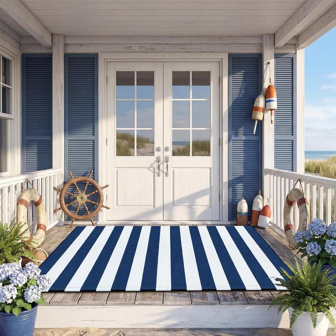 Duraaamo Nautical Navy White Stripe Rug 3' X 5' 4th of July Door Mat Summer Navigation Welcome Doormat for Larger Doorway Front Porch Patio Wide Entryway Beach House Farmhouse Modern Coastal Decor