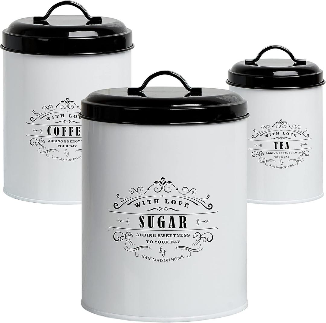 Baie Maison Farmhouse Kitchen Canisters Set of 3 - Extra Large, Large, Small - White & Black French Country Style - Sugar, Coffee, Tea Countertop Containers - Rustic Metal Kitchen Food Storage & Decor