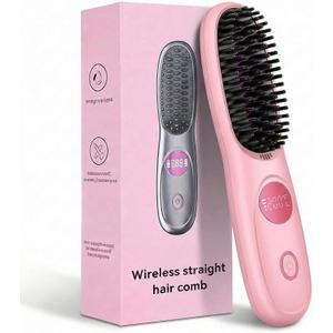 Go Brush Pro,2026 New Cordless Straight Hair Brush, Portable Scald-Proof mini Straight Hair Comb with Three Temperature Settings and LED Display Screen, Quickly Heating Travel Hair Brush (Dark Pink)