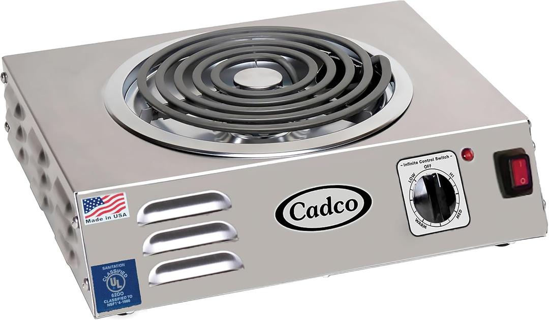 Cadco CSR-3T 14" Electric Portable Countertop Hi-Power Hot Plate w/One Tubular Burner for Restaurant Hotel Food Truck Concession Kiosk, Stainless Steel, 120v