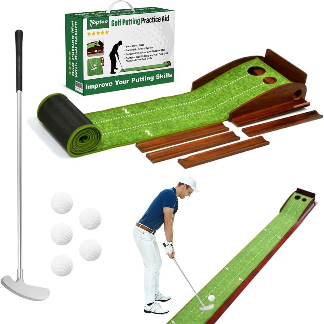 Golf Putting Mat with Ball Return, Practice Golf Putting Green Training Aid for Indoor, Outdoor at Home, Office, Backyard with Putter and 5 Balls 9.84 ft
