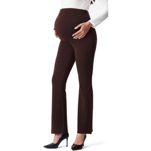 AFITNE Womens Flare Maternity Pants for Work Over The Belly with Pockets 31" Soft Bootcut Pregnancy Casual Dress Pants (Medium, Brown)