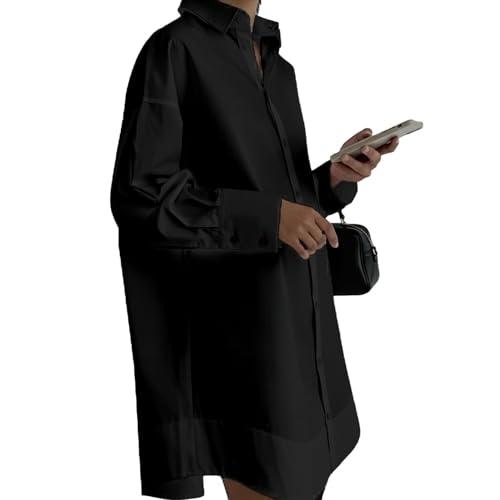Women's Button Down Dress-Long Sleeve Shirt Dress Business Casual Office Outfits Slim Fit V Neck Midi Tunic Dress) Black, S