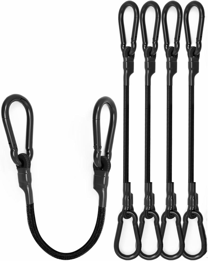 18'' Real Heavy Duty Carabiner Bungee Cords Outdoor with 190 Lbs Max Break Strength, Black Bungee Straps with Upgraded Carabiner Hooks for Luggage Rack, Cargo, Hand Carts, Bike, Camping, etc (4 Pcs)