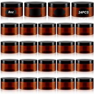Dandat 24 Pcs 8 oz Plastic Jar Container with Lid and Label Refillable Empty Round Amber PET Cosmetic Sample Slime Containers for Lotion, Cream, Ointments, Body Butter, Makeup, Travel Storage